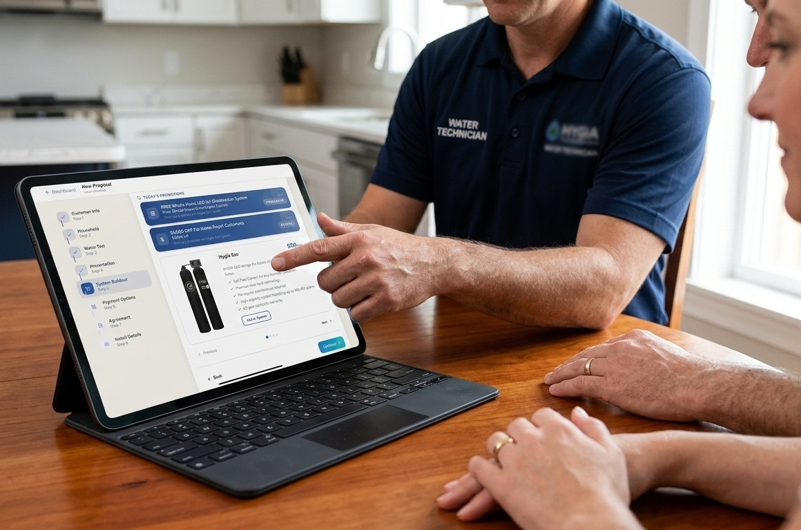 A water treatment sales rep presenting a branded proposal to a homeowner on a tablet at the kitchen table; the same deck can be shared on a video call