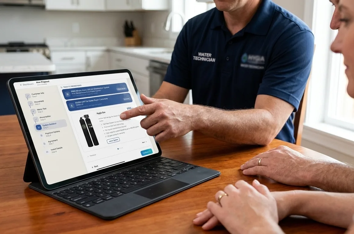 A water treatment technician walking a homeowner through a ClearDeals proposal on a tablet at the kitchen table