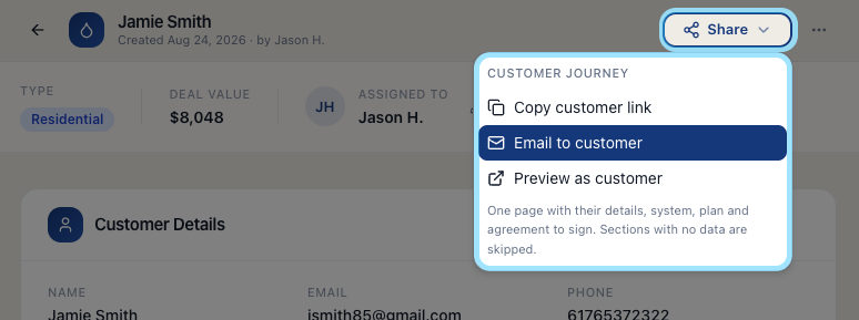 The Share menu on a ClearDeals water treatment proposal offering Copy customer link, Email to customer, and Preview as customer
